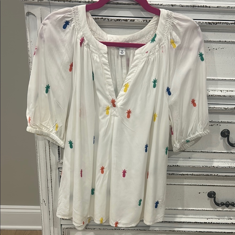 Crown & Ivy White Puff Sleeve Blouse with Embellished Details
